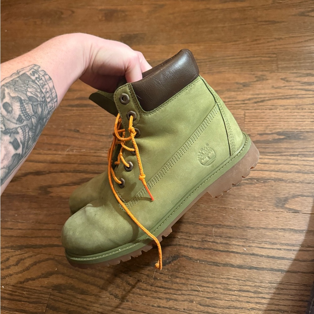 Timberland Olive Boots with Bright Orange Laces